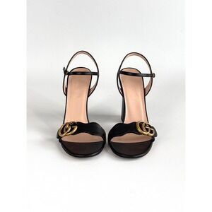Gucci Marmont Black Leather Double G Block Heel Sandals 37 Box Dust Bags